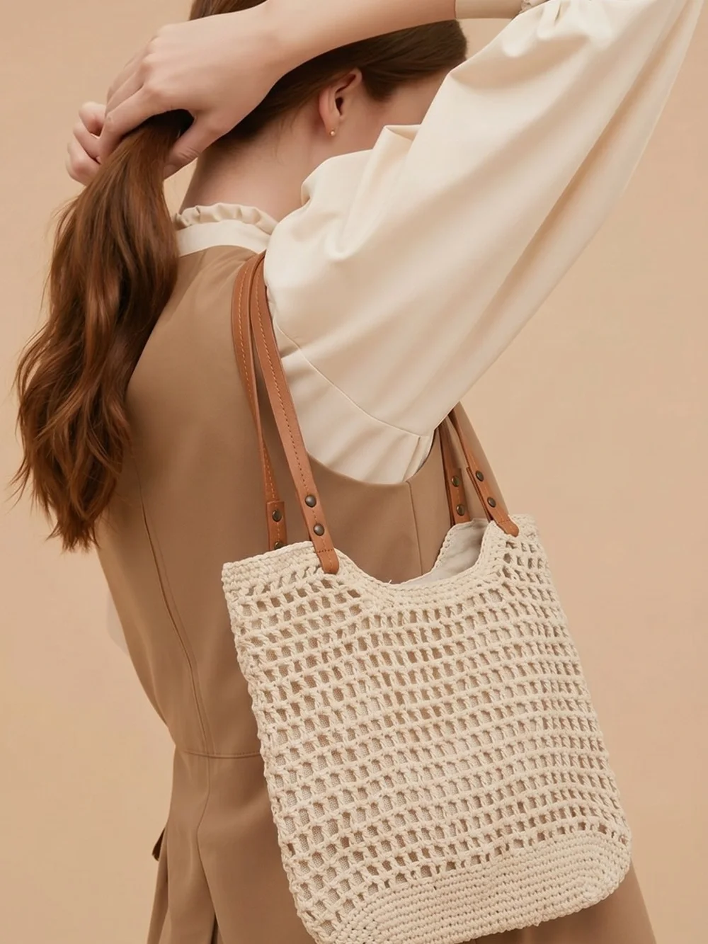 Woven Cream Tote Bag with Tan Leather Handles